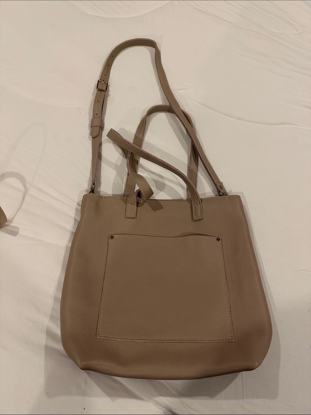 Portland Leather Taupe Tote with Front Pocket and Adjustable Strap